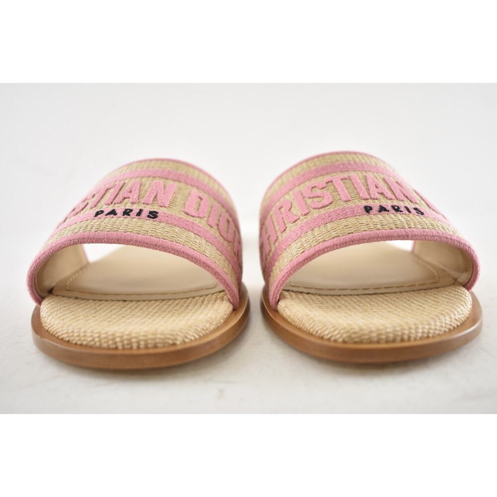 Christian Dior Dway Rose Begonia Pink Raffia Beige Logo Slide Flat Sandal 38.5 - Picture 7 of 13
